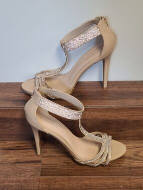 Le Chateau Beige Rhinestone Ankle-Strap High Heel Sandals
